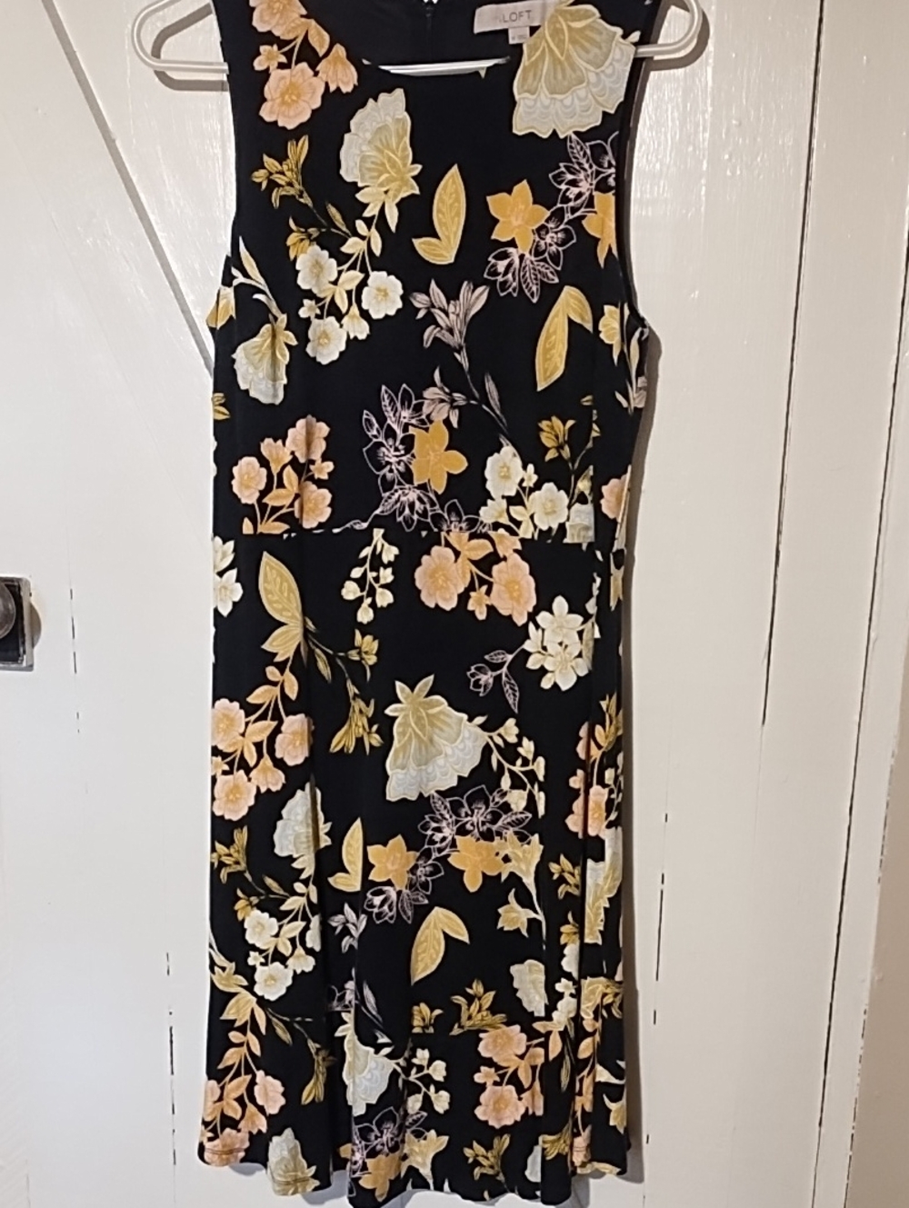 LOFT Black Midi Dress with Yellow & Cream Floral Print VGC Size 10.